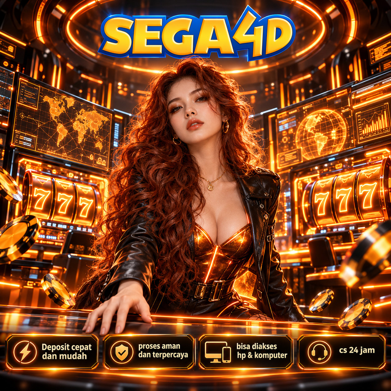 Banner SEGA4D dengan desain hiburan digital bernuansa emas dan jingga